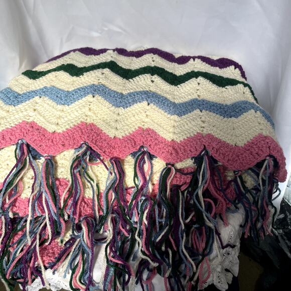 Afghan hand made 60 x 71  couch throw blue green white pink purple - Picture 3 of 7